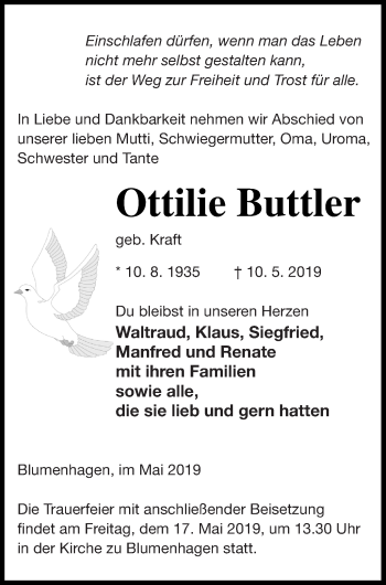 Traueranzeige von Ottilie Buttler von Pasewalker Zeitung