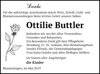 Traueranzeige von Ottilie Buttler von Pasewalker Zeitung