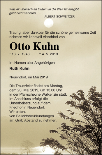 Traueranzeige von Otto Kuhn von Neubrandenburger Zeitung