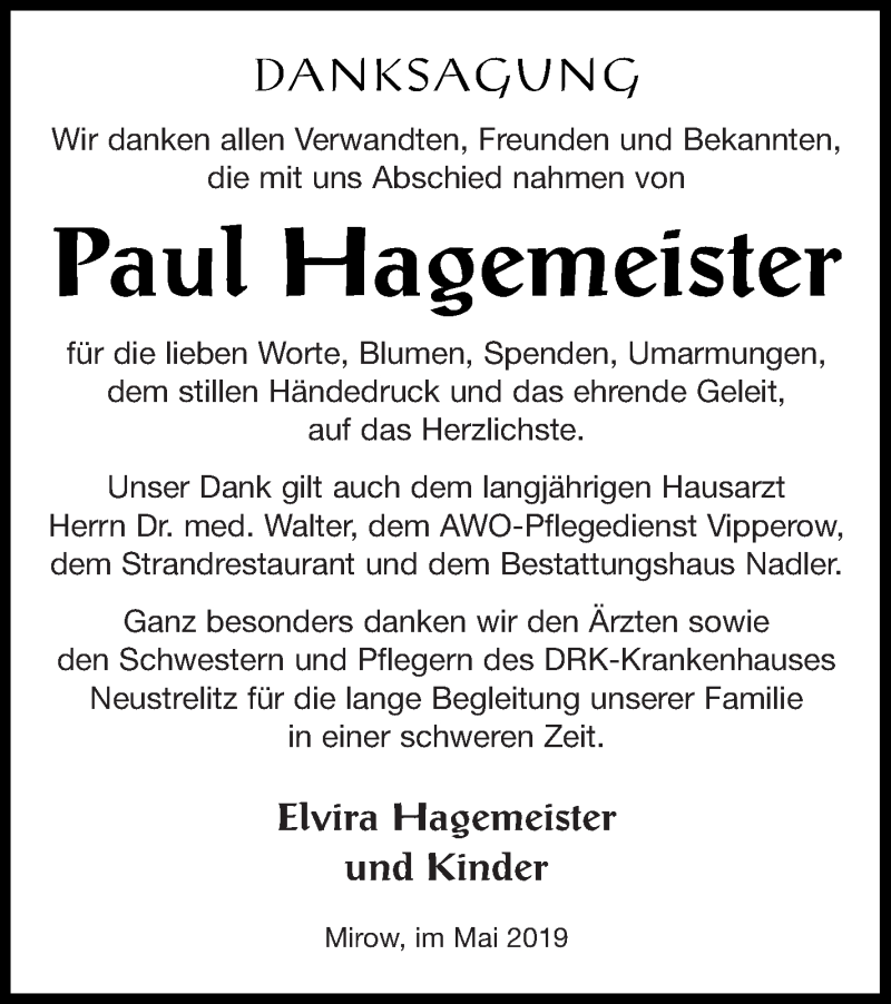  Traueranzeige für Paul Hagemeister vom 24.05.2019 aus Strelitzer Zeitung