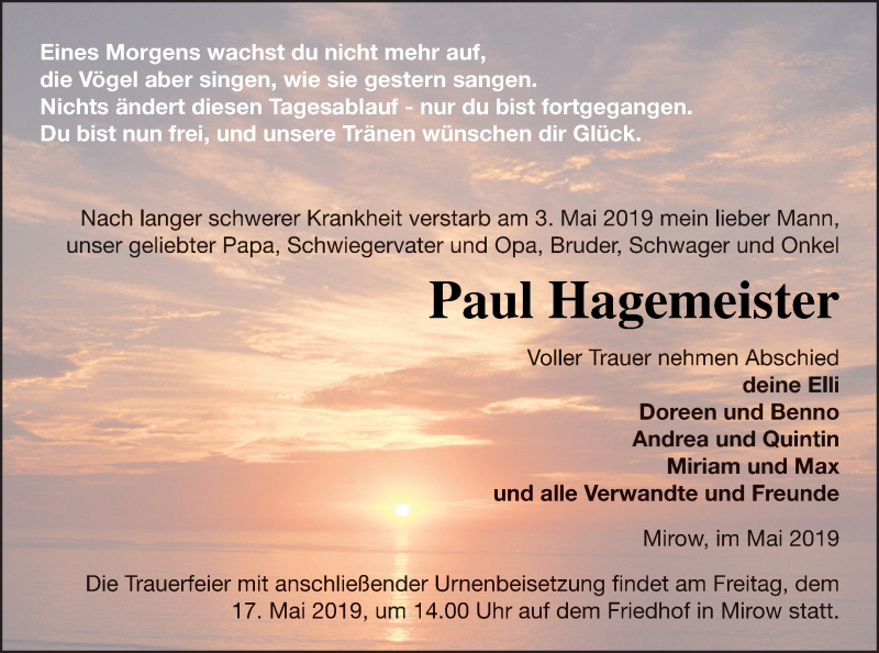  Traueranzeige für Paul Hagemeister vom 08.05.2019 aus Strelitzer Zeitung