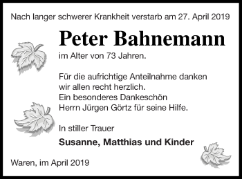 Traueranzeige von Peter Bahnemann von Müritz-Zeitung