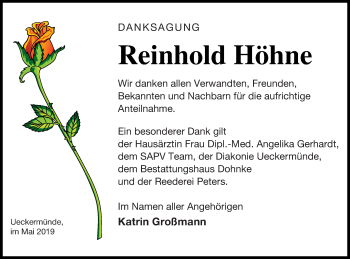 Traueranzeige von Reinhold Höhne von Haff-Zeitung