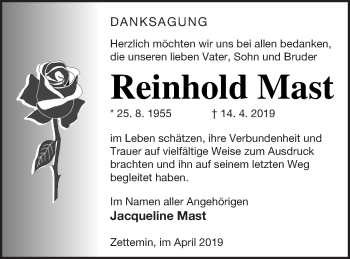 Traueranzeige von Reinhold Mast von Mecklenburger Schweiz