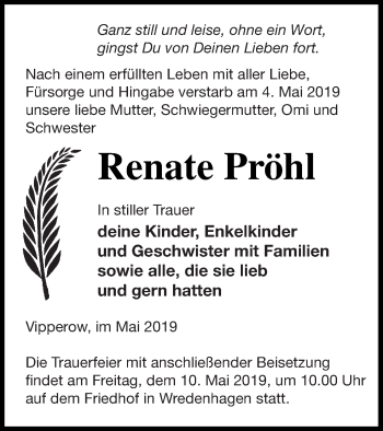 Traueranzeige von Renate Pröhl von Müritz-Zeitung