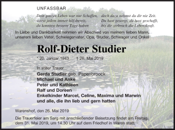 Traueranzeige von Rolf-Dieter Studier von Müritz-Zeitung
