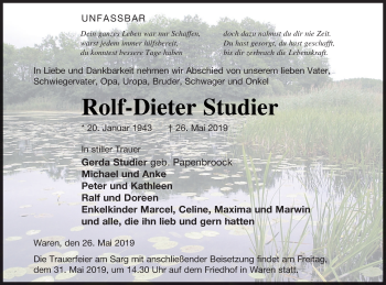 Traueranzeige von Rolf-Dieter Studier von Müritz-Zeitung