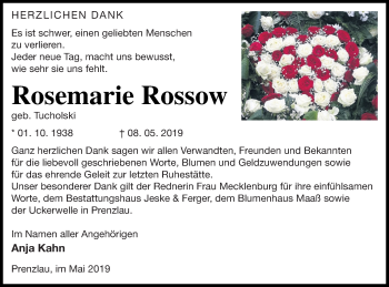 Traueranzeige von Rosemarie Rossow von Prenzlauer Zeitung