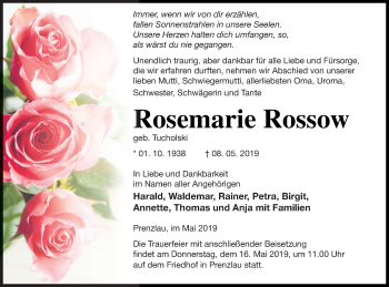 Traueranzeige von Rosemarie Rossow von Prenzlauer Zeitung