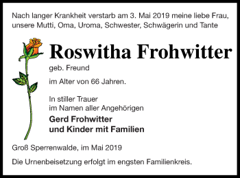 Traueranzeige von Roswitha Frohwitter von Prenzlauer Zeitung