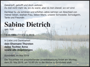 Traueranzeige von Sabine Dietrich von Demminer Zeitung