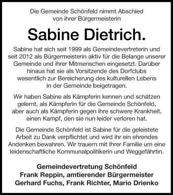 Traueranzeige von Sabine Dietrich von Demminer Zeitung