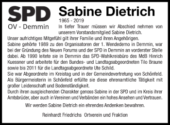 Traueranzeige von Sabine Dietrich von Demminer Zeitung