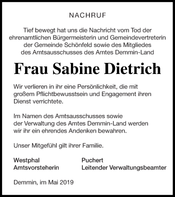 Traueranzeige von Sabine Dietrich von Demminer Zeitung