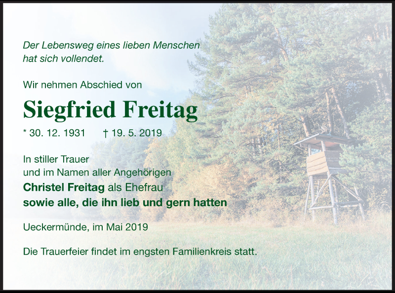 Traueranzeige für Siegfried Freitag vom 24.05.2019 aus Haff-Zeitung