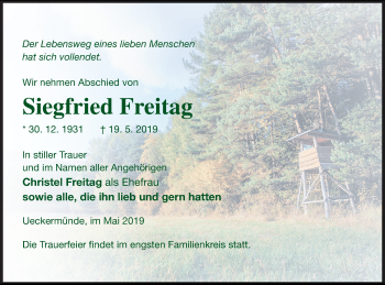 Traueranzeige von Siegfried Freitag von Haff-Zeitung