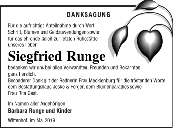 Traueranzeige von Siegfried Runge von Prenzlauer Zeitung