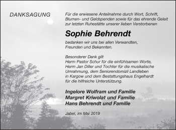 Traueranzeige von Sophie Behrendt von Müritz-Zeitung