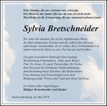 Traueranzeige von Sylvia Bretschneider von Müritz-Zeitung