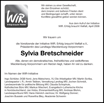 Traueranzeige von Sylvia Bretschneider von Wirtschaftsraum Neubr./Neustr./Waren