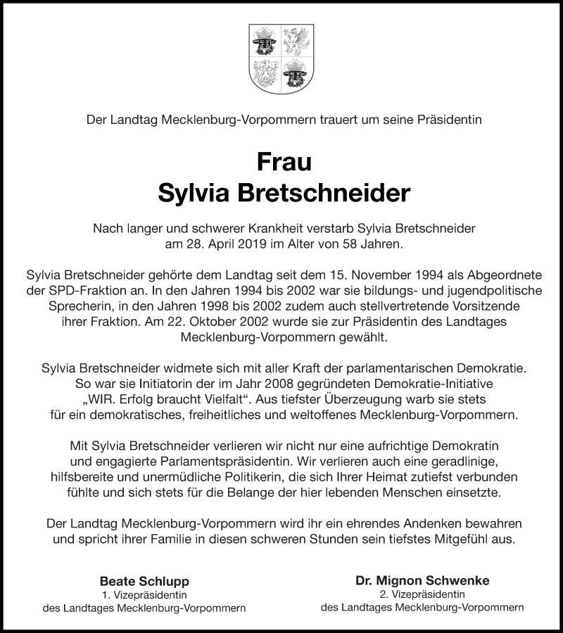  Traueranzeige für Sylvia Bretschneider vom 04.05.2019 aus Nordkurier Gesamtausgabe