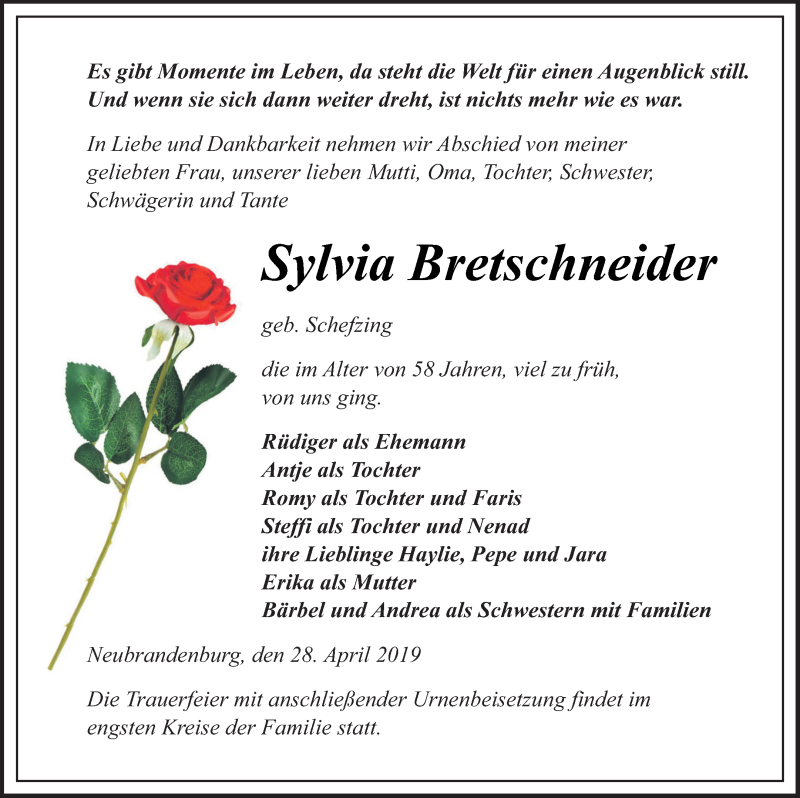  Traueranzeige für Sylvia Bretschneider vom 04.05.2019 aus Müritz-Zeitung