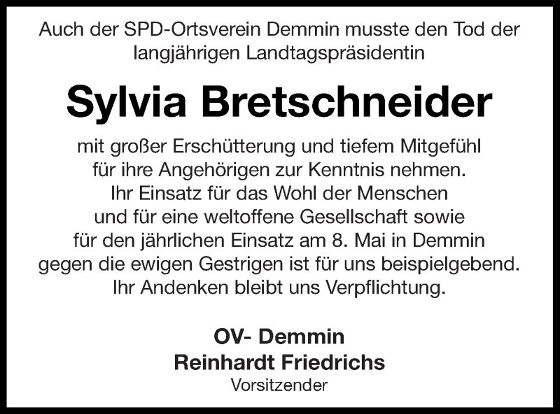  Traueranzeige für Sylvia Bretschneider vom 08.05.2019 aus Demminer Zeitung