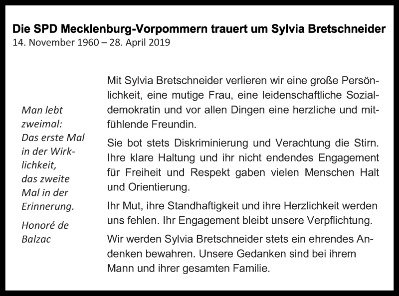  Traueranzeige für Sylvia Bretschneider vom 04.05.2019 aus Nordkurier Gesamtausgabe