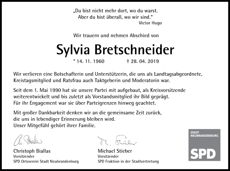  Traueranzeige für Sylvia Bretschneider vom 04.05.2019 aus Neubrandenburger Zeitung