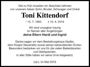 Traueranzeige von Toni Kittendorf von Müritz-Zeitung