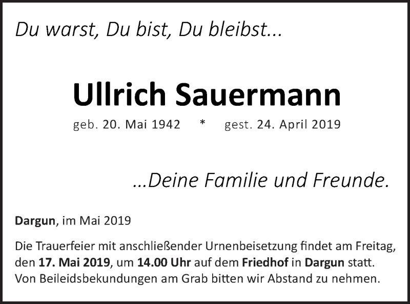  Traueranzeige für Ullrich Sauermann vom 10.05.2019 aus Mecklenburger Schweiz