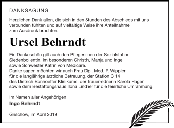 Traueranzeige von Ursel Behrndt von Neubrandenburger Zeitung