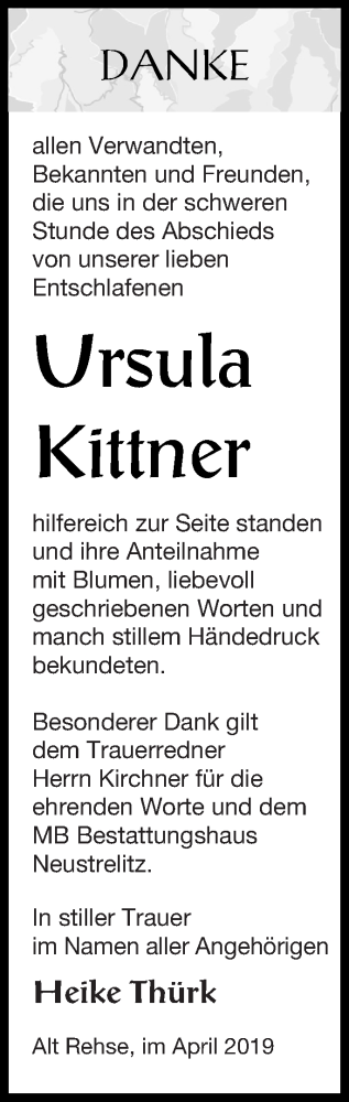 Traueranzeige von Ursula Kittner von Müritz-Zeitung