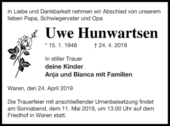 Traueranzeige von Uwe Hunwartsen von Müritz-Zeitung