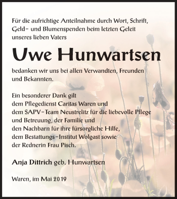 Traueranzeige von Uwe Hunwartsen von Müritz-Zeitung