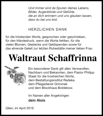 Traueranzeige von Waltraut Schaffrinna von Vorpommern Kurier