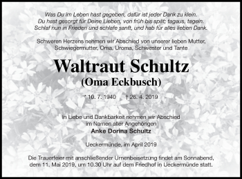 Traueranzeige von Waltraut Schultz von Haff-Zeitung