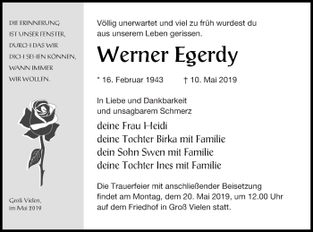 Traueranzeige von Werner Egerdy von Müritz-Zeitung