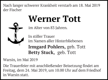 Traueranzeige von Werner Tott von Haff-Zeitung