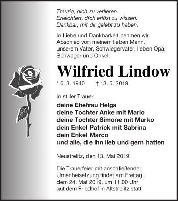 Traueranzeige von Wilfried Lindow von Strelitzer Zeitung