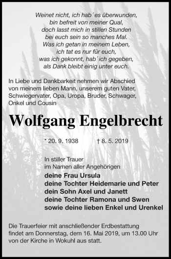 Traueranzeige von Wolfgang Engelbrecht von Strelitzer Zeitung