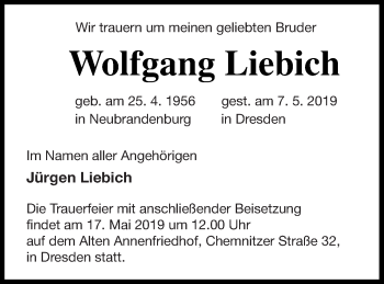 Traueranzeige von Wolfgang Liebich von Neubrandenburger Zeitung