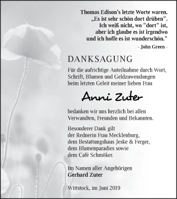 Traueranzeige von Anni Zuter von PRENZLAUER ZEITUNG