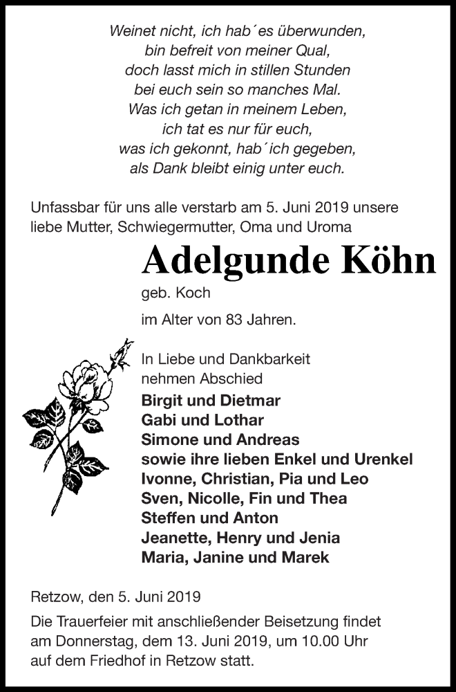  Traueranzeige für Adelgunde Köhn vom 08.06.2019 aus Mecklenburger Schweiz