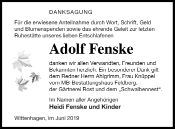 Traueranzeige von Adolf Fenske von Strelitzer Zeitung