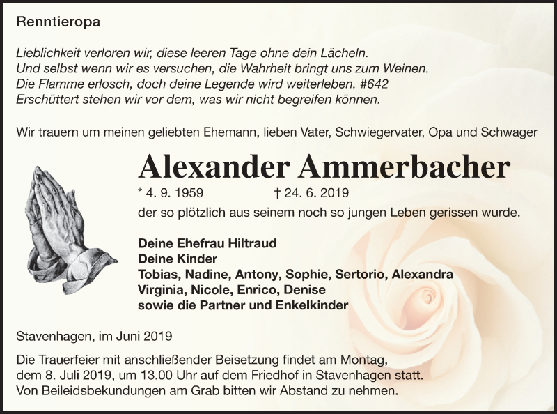  Traueranzeige für Alexander Ammerbacher vom 28.06.2019 aus Mecklenburger Schweiz