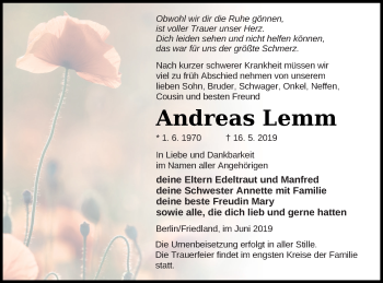 Traueranzeige von Andreas Lemm von Neubrandenburger Zeitung