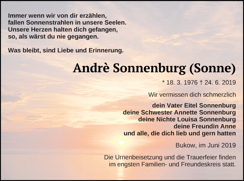  Traueranzeige für André Sonnenburg vom 29.06.2019 aus Mecklenburger Schweiz