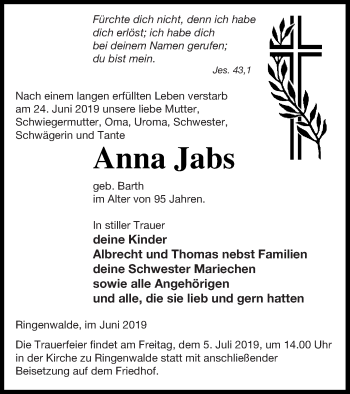 Traueranzeige von Anna Jabs von Templiner Zeitung