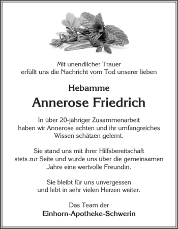 Traueranzeige von Annerose Friedrich von Zeitung für die Landeshauptstadt